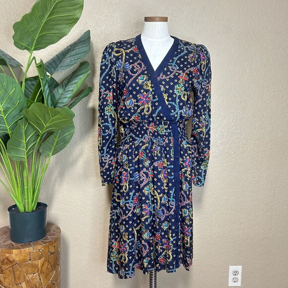 Diane Freis Womens Vintage Long Sleeves Silk dress Printed Deep Blue Size Medium - Picture 1 of 9